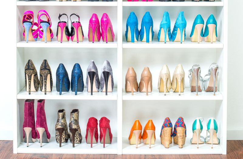 colorful shoes neatly organized in a white cabinet