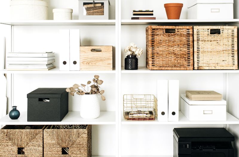 office supplies neatly stored on the wall cabinet