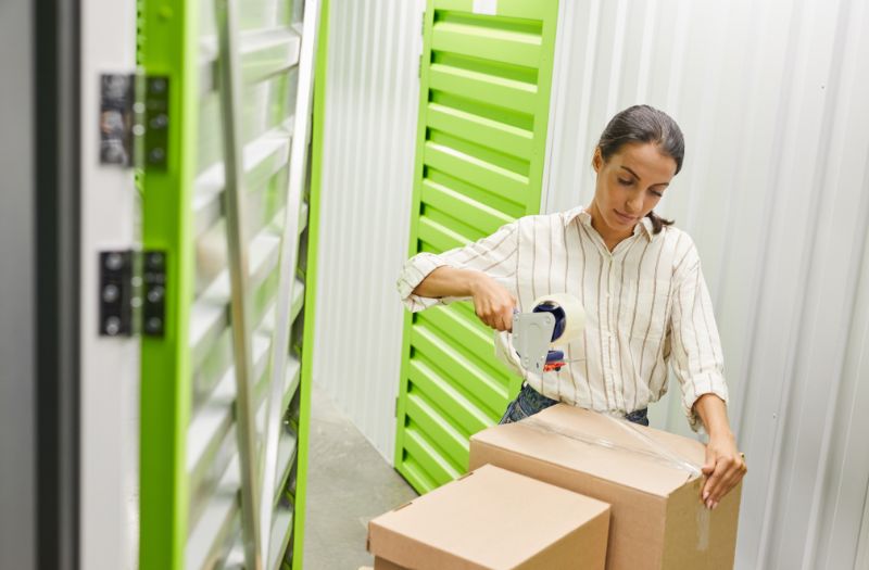 woman organizing her stuff at her storage facility