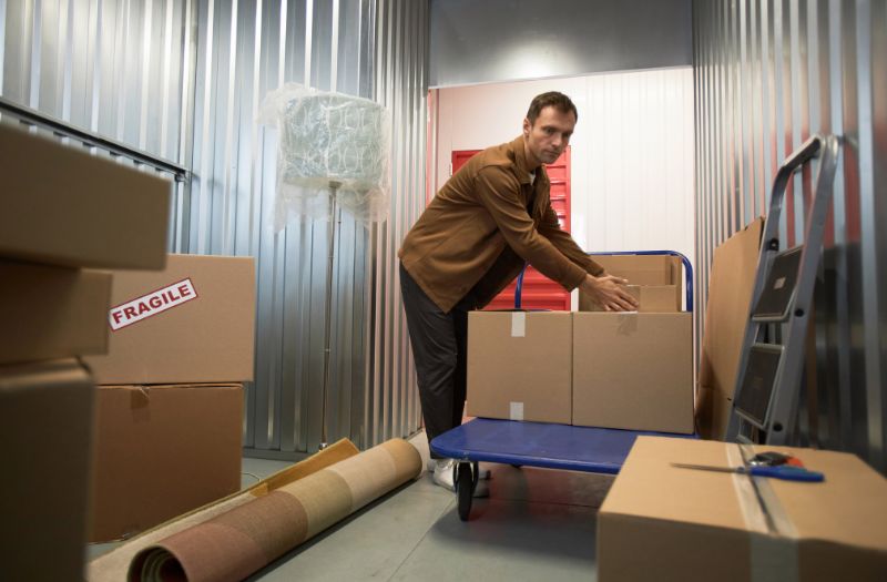 man adding more boxes to his storage unit