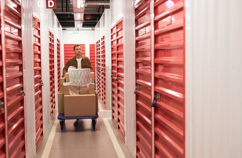 man in the hallway of a storage facility